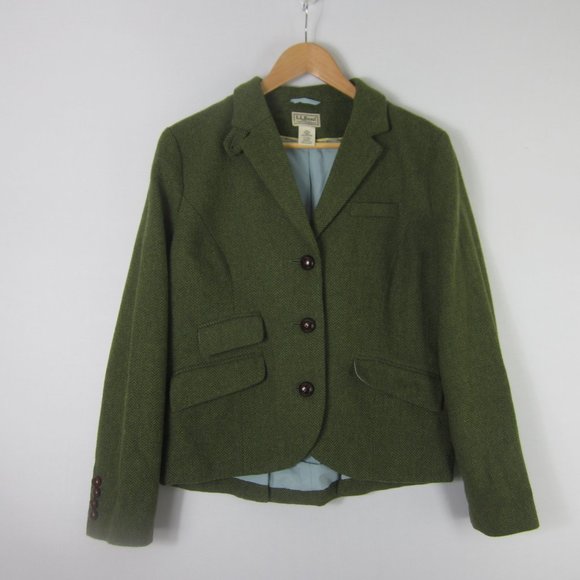 Vintage L.L. Bean Womens 12 Green Herringbone Wool LS Blazer Jacket M Equestrian - Picture 4 of 10